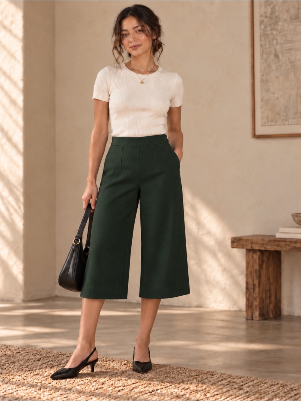 Deep Green Petite Wide Leg Cropped Trouser Workwear Feminine Size 00P